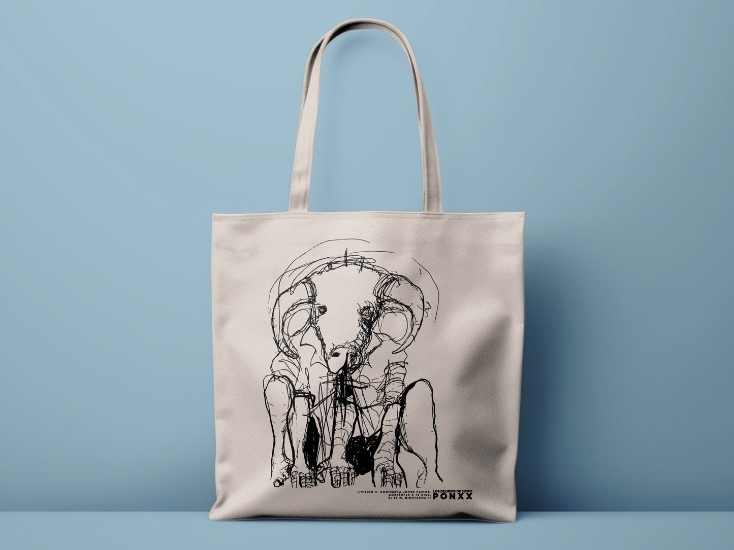 Tote Bag con el boceto de " Contempla a tu dios joven pastor, el es El Minotauro"